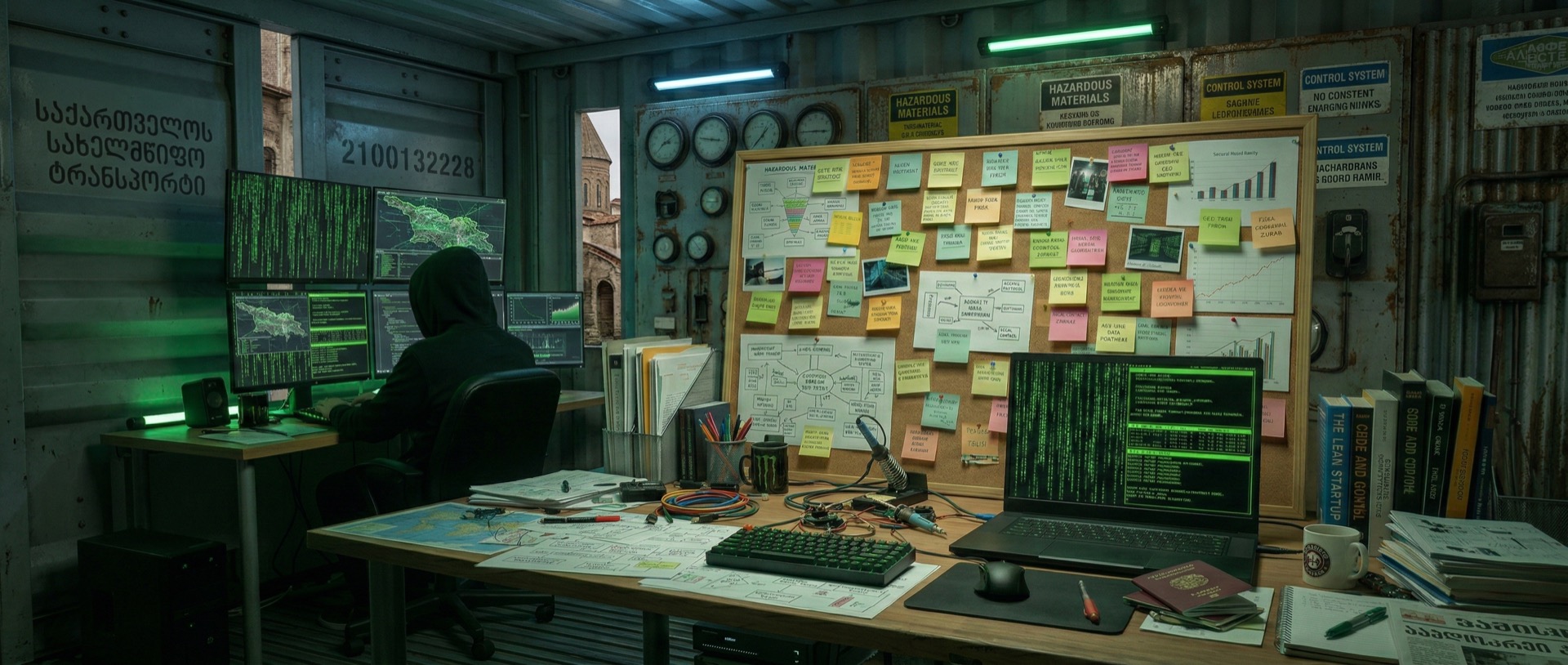 MiniDoge's hacker lab with multiple monitors and experiment boards